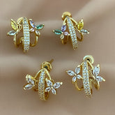 BRINCO ARGOLA TRÊS FIOS BORBOLETAS ZIRCÔNIAS DOURADO BIJU