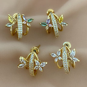 BRINCO ARGOLA TRÊS FIOS BORBOLETAS ZIRCÔNIAS DOURADO BIJU