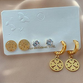 BRINCO ARGOLA PINGENTE TREVO DOURADO AÇO 316L⭐️