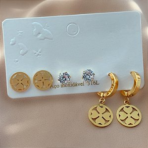 BRINCO ARGOLA PINGENTE TREVO DOURADO AÇO 316L⭐️