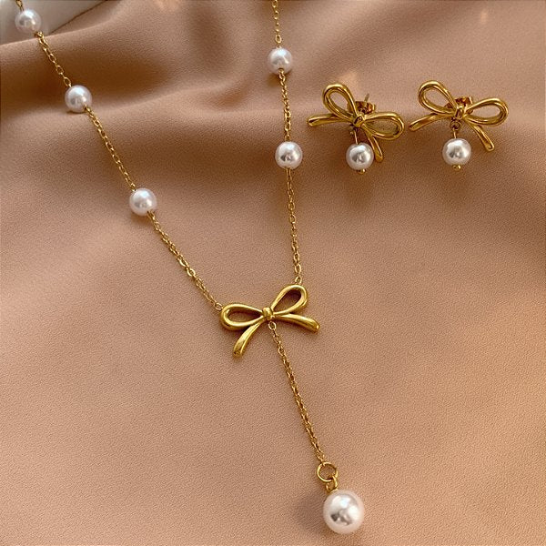 COLAR E BRINCO KIT LAÇO E PÉROLAS GRAVATINHA DOURADO AÇO 316L PREMIUM⭐️