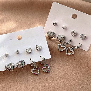 BRINCO KIT ARGOLINHAS CORAÇÕES ZIRCÔNIAS LUÍSA BIJU