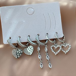 BRINCO KIT ARGOLINHAS CORAÇÕES ZIRCÔNIAS LUÍSA BIJU