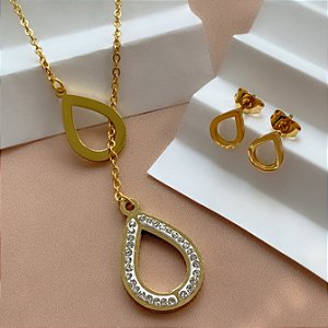 COLAR E BRINCO KIT LAÇO E PÉROLAS GRAVATINHA DOURADO AÇO 316L PREMIUM⭐️