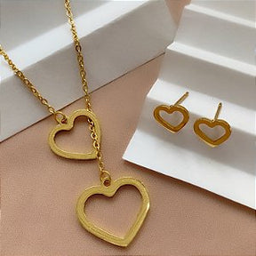 COLAR E BRINCO KIT LAÇO E PÉROLAS GRAVATINHA DOURADO AÇO 316L PREMIUM⭐️