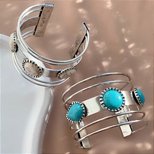 BRACELETE LISO PEDRAS OVAIS PRATEADO BIJU